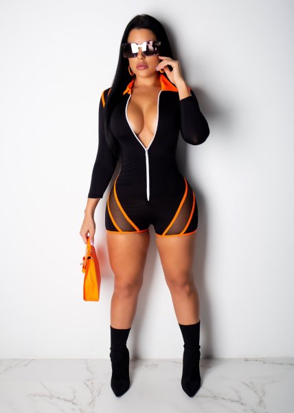 Fashion fluorescent color stitching mesh sexy slim sports jumpsuit G0196
