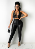 Sexy ladies suit PU leather pants zipper feet leather pants lace-up vest suit Y097