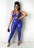 Sexy ladies suit PU leather pants zipper feet leather pants lace-up vest suit Y097