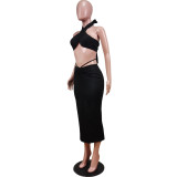 Fashion sexy solid color hollow wrap breast skirt suit WY6784