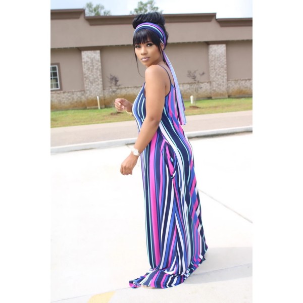 Horizontal and vertical stripes color printing loose casual suspender skirt k8109