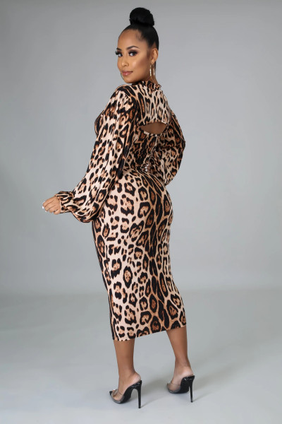 New fashion two-piece leopard print long-sleeved dress P8607