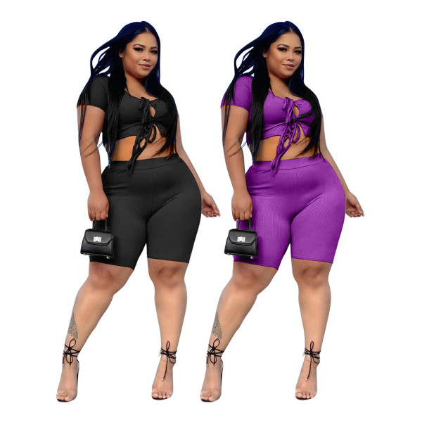 Fat woman large size solid color stripes fashion casual straps two-piece set QX1215