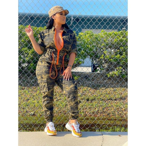 New sexy waist zipper stretch camouflage multi-pocket jumpsuit WDS210512