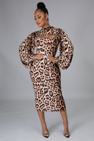 New fashion two-piece leopard print long-sleeved dress P8607