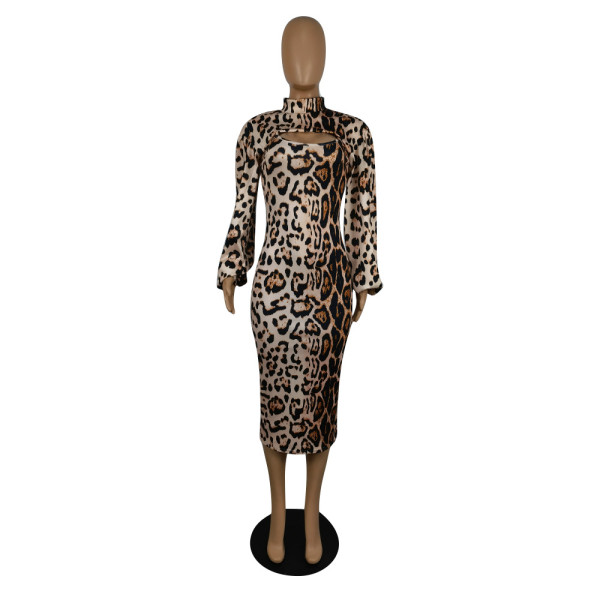 New fashion two-piece leopard print long-sleeved dress P8607