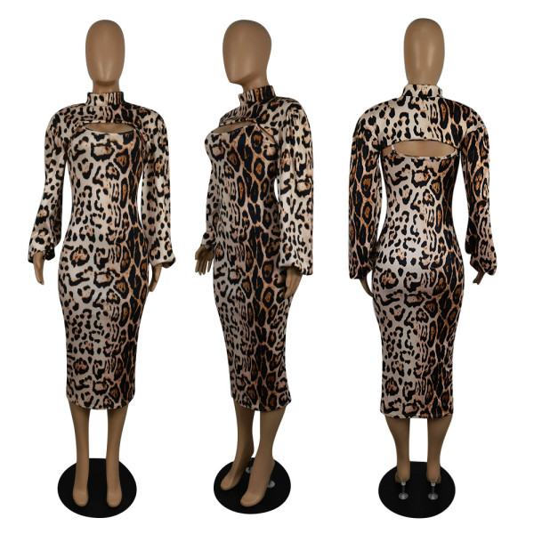 New fashion two-piece leopard print long-sleeved dress P8607