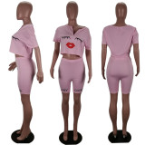 New solid color positioning printing sexy lips two-piece suit T2033