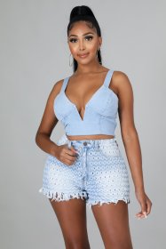 New style high waist ripped fringe washed wide-leg casual denim shorts p8606