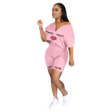 New solid color positioning printing sexy lips two-piece suit T2033