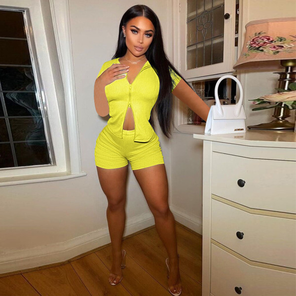 Casual fashion solid color zipper double open pit strip two-piece suit XR2146