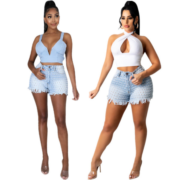 New style high waist ripped fringe washed wide-leg casual denim shorts p8606