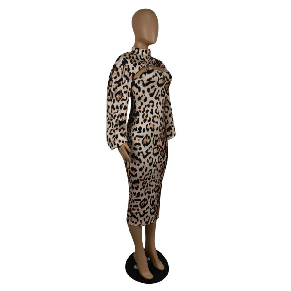 New fashion two-piece leopard print long-sleeved dress P8607
