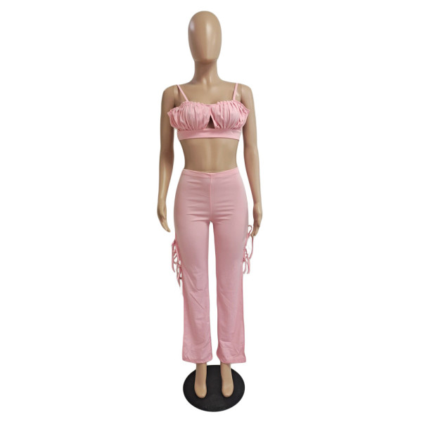 Sexy women's two-piece suit with folds tied rope split CN0150