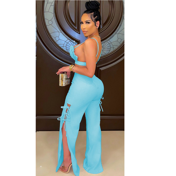 Sexy women's two-piece suit with folds tied rope split CN0150