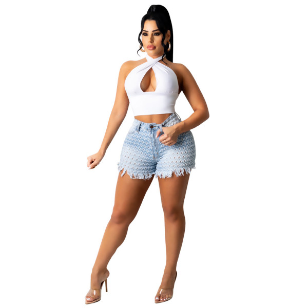 New style high waist ripped fringe washed wide-leg casual denim shorts p8606