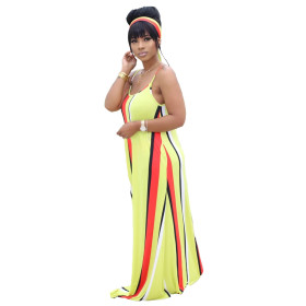 Horizontal and vertical stripes color printing loose casual suspender skirt k8109