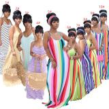 Horizontal and vertical stripes color printing loose casual suspender skirt k8109