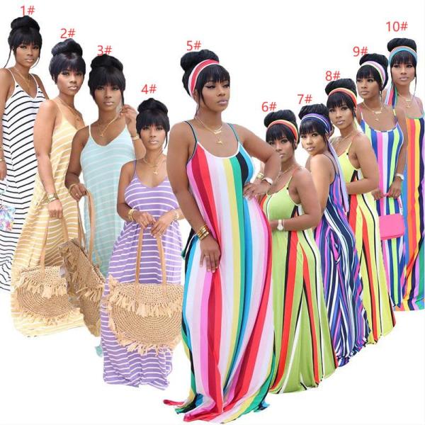 Horizontal and vertical stripes color printing loose casual suspender skirt k8109