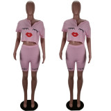 New solid color positioning printing sexy lips two-piece suit T2033
