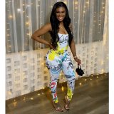 Fashion trend graffiti print sexy strappy jumpsuit MY053