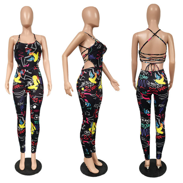 Fashion trend graffiti print sexy strappy jumpsuit MY053
