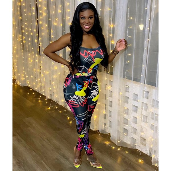 Fashion trend graffiti print sexy strappy jumpsuit MY053