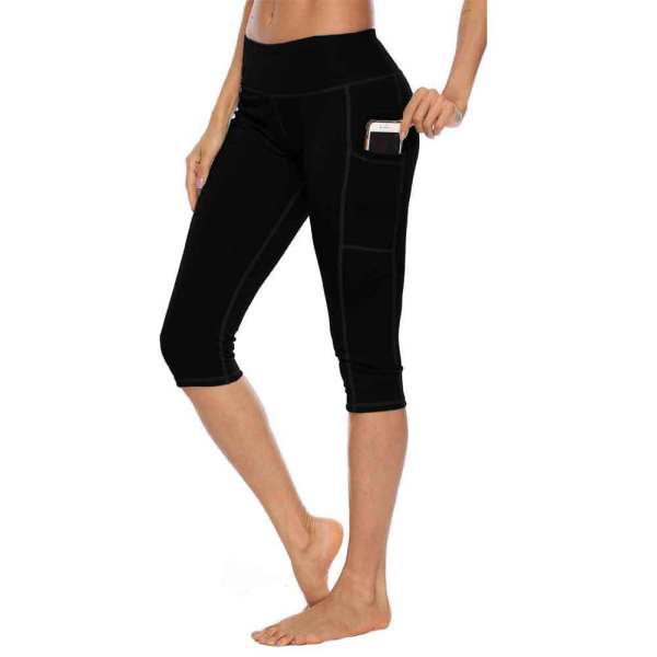 New style yoga pants solid color peach hip tight-fitting slimming sports seven-point side pocket quick-drying fitness women's pants 593472933285-1