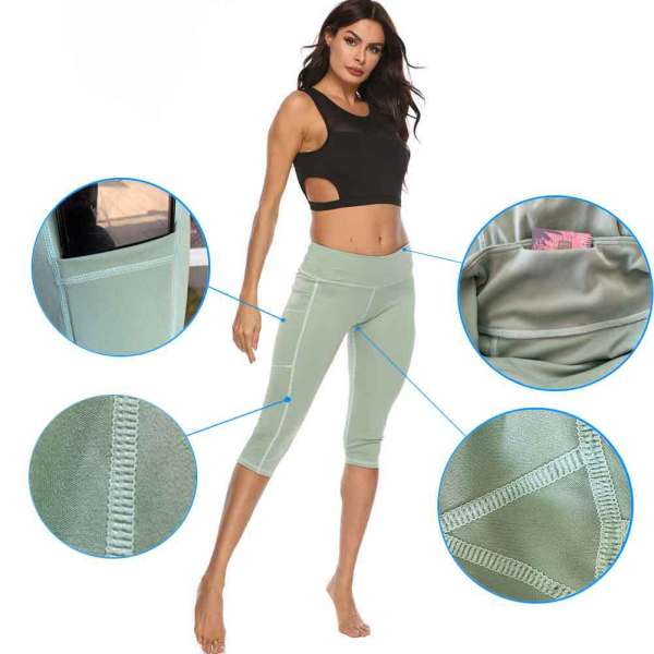 New style yoga pants solid color peach hip tight-fitting slimming sports seven-point side pocket quick-drying fitness women's pants 593472933285-1