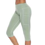 New style yoga pants solid color peach hip tight-fitting slimming sports seven-point side pocket quick-drying fitness women's pants 593472933285-1