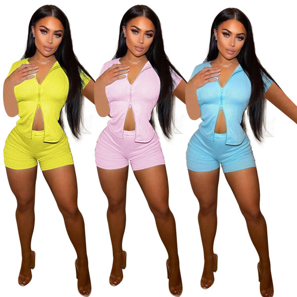 Casual fashion solid color zipper double open pit strip two-piece suit XR2146