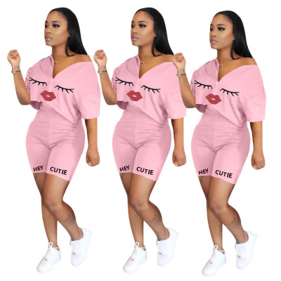 New solid color positioning printing sexy lips two-piece suit T2033