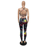 Fashion trend graffiti print sexy strappy jumpsuit MY053