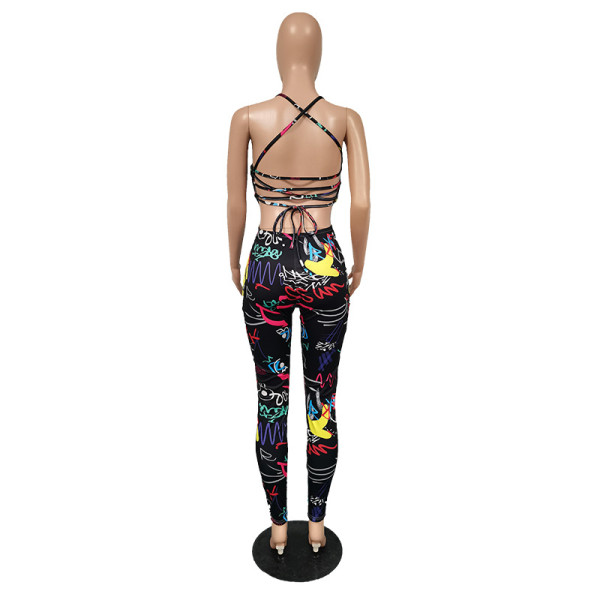Fashion trend graffiti print sexy strappy jumpsuit MY053