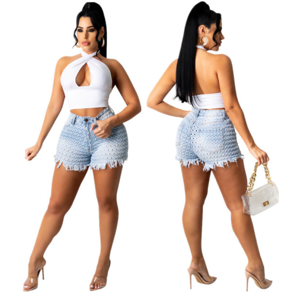 New style high waist ripped fringe washed wide-leg casual denim shorts p8606