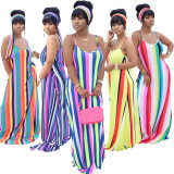 Horizontal and vertical stripes color printing loose casual suspender skirt k8109