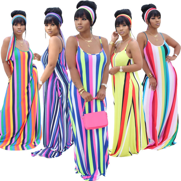 Horizontal and vertical stripes color printing loose casual suspender skirt k8109
