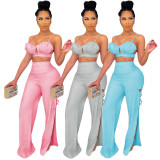 Sexy women's two-piece suit with folds tied rope split CN0150