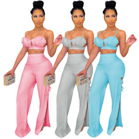 Sexy women's two-piece suit with folds tied rope split CN0150