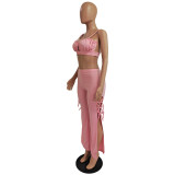 Sexy women's two-piece suit with folds tied rope split CN0150
