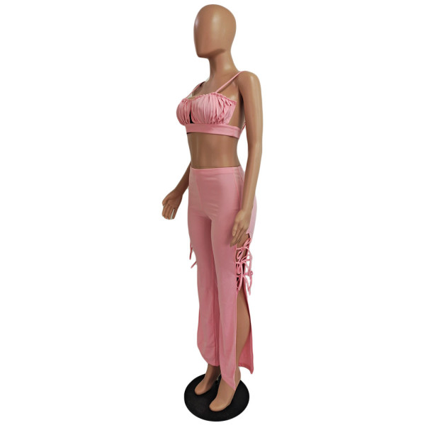 Sexy women's two-piece suit with folds tied rope split CN0150