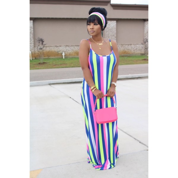 Horizontal and vertical stripes color printing loose casual suspender skirt k8109