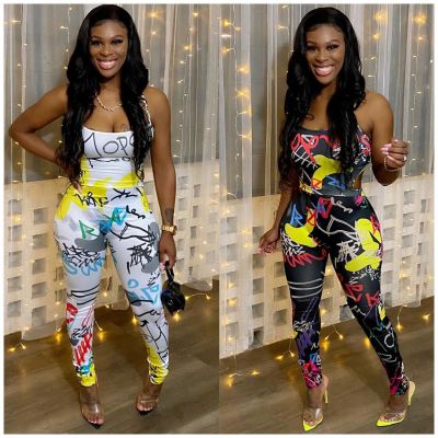 Fashion trend graffiti print sexy strappy jumpsuit MY053