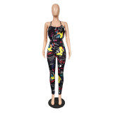 Fashion trend graffiti print sexy strappy jumpsuit MY053