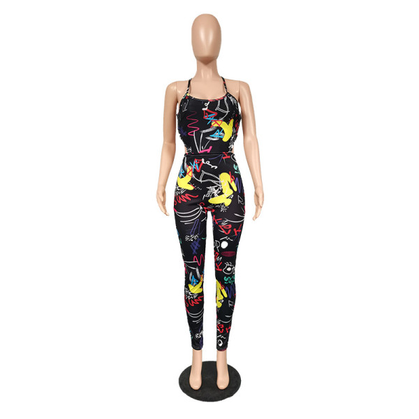 Fashion trend graffiti print sexy strappy jumpsuit MY053