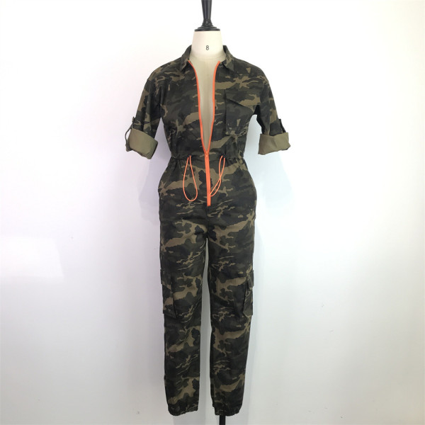 New sexy waist zipper stretch camouflage multi-pocket jumpsuit WDS210512