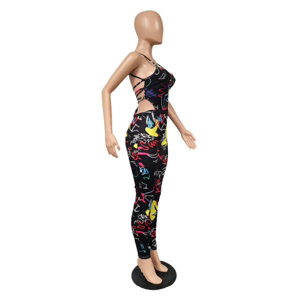 Fashion trend graffiti print sexy strappy jumpsuit MY053