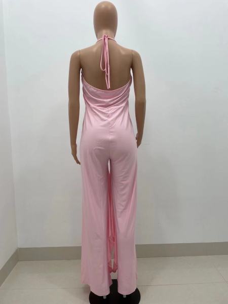 Solid color ruffled tie halterneck jumpsuit YX9288
