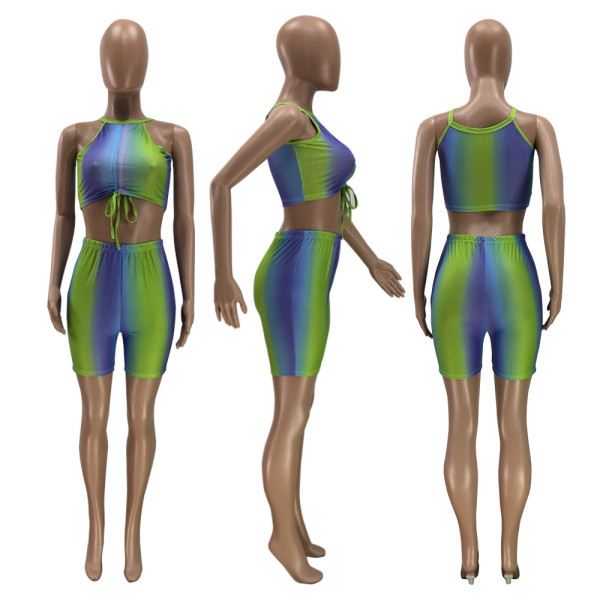 Pleated vest and shorts two-piece multicolor printed elastic pit strip two-piece suit PH1218