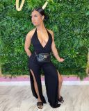 New style halter neck tie deep V split pit strip jumpsuit Y81333